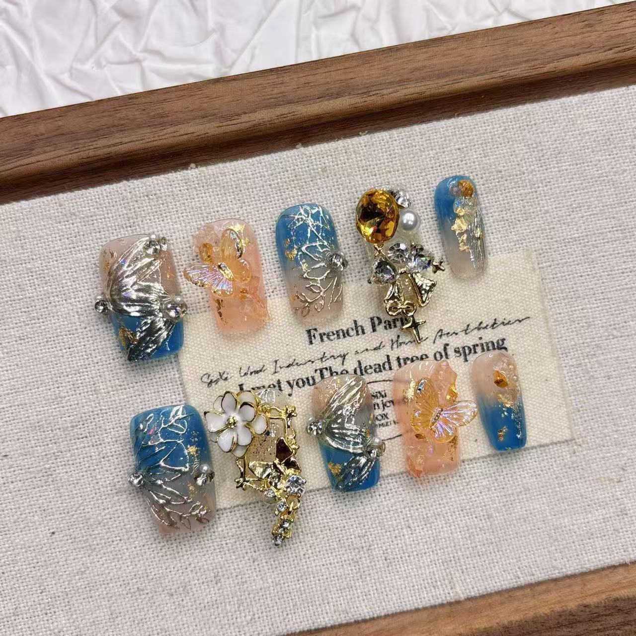 Dunhuang-Inspired Handmade Almond Press-On Nails - Premium Nail Art Small