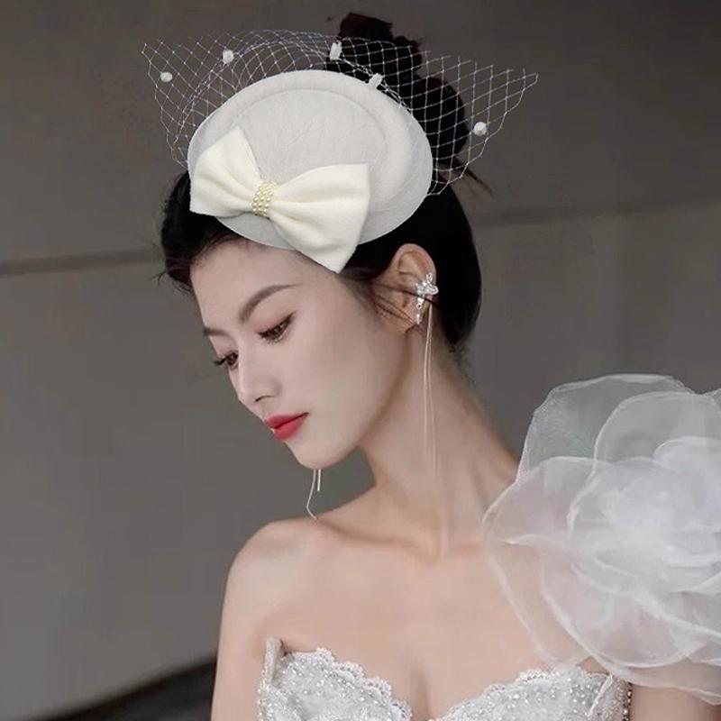 Black Mesh Headdress Stewardess Hat French Temperament Pearl Bow Hair Clip For Women