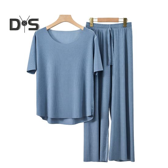 

Комплект из 2 предметов: летняя пижама, футболка с коротким рукавом и круглым вырезом, эластичный пояс, длинные брюки, однотонная пижама из ледяного шелка L синий
