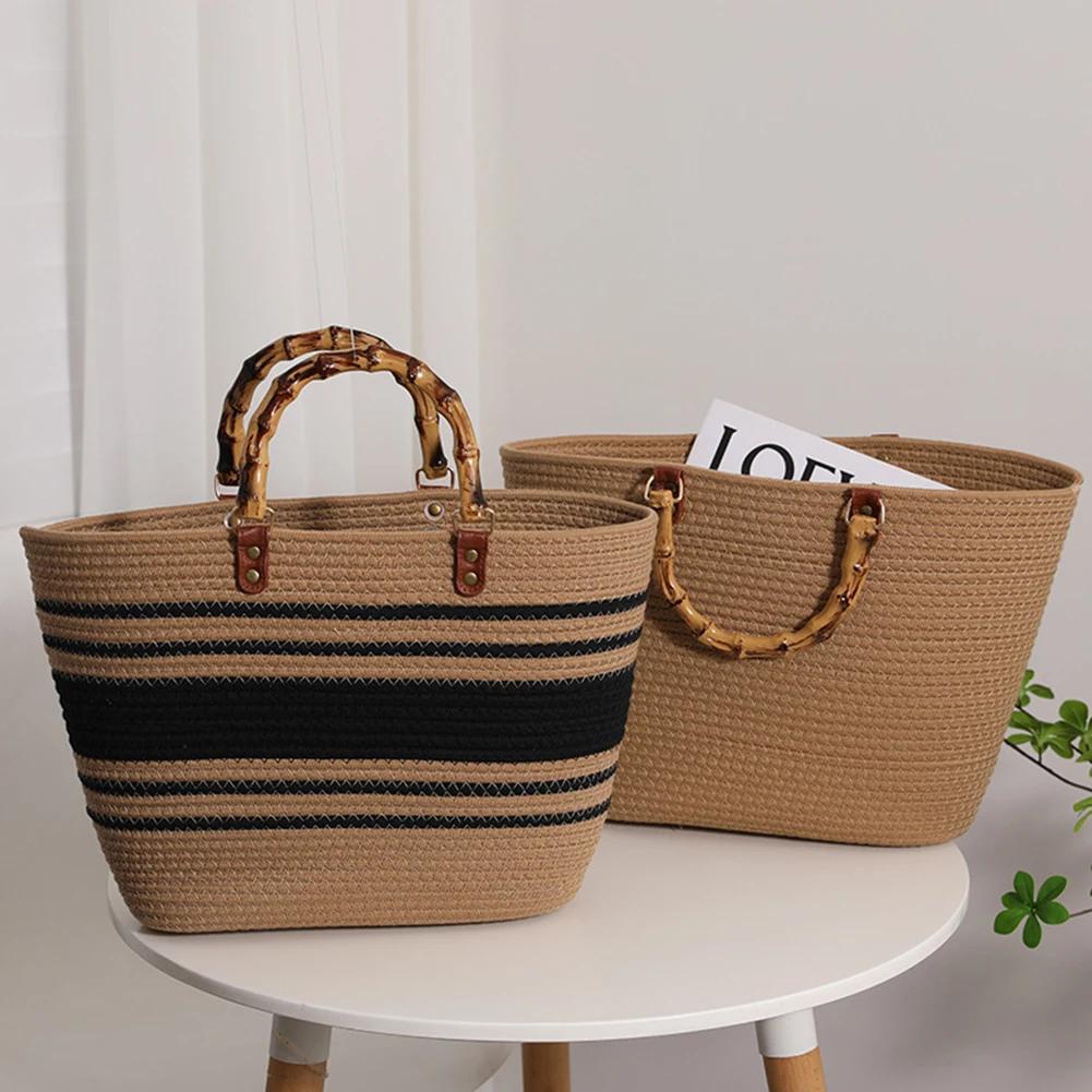 Cotton Woven Handbags Bamboo Handle Tote Summer Striped Hand-Woven Top-handle Bags Large Capacity Women's Bags Weaving Beach Bag