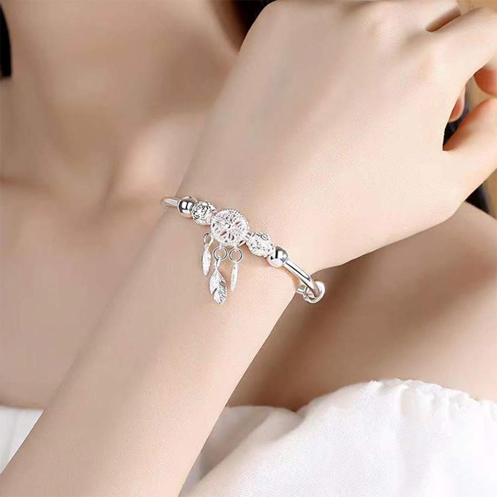 Korean Style Dreamcatcher Bracelet Women Silver Transport Beads Bangles with Tassel Girls Hand Chain Charm Bangle