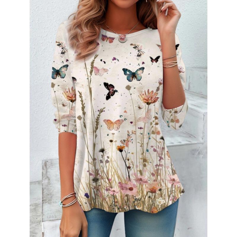 Round Neck 3D Flower Geometry Pattern Printed Top Fashionable Casual Long Sleeved Women's T-shirts