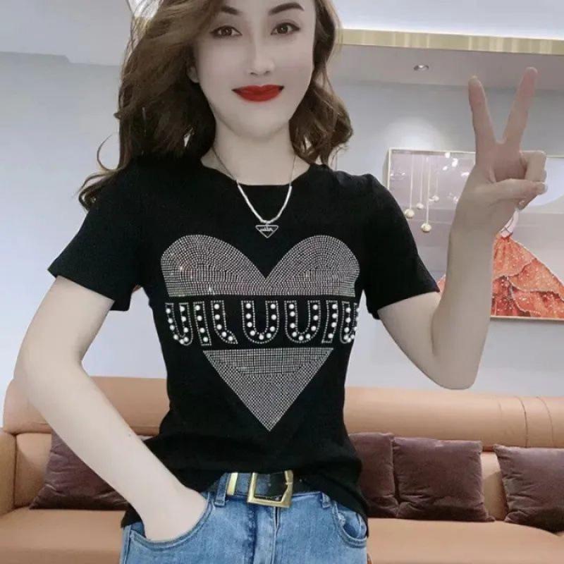 

Женская футболка большого размера с тяжелыми стразами, с коротким рукавом - Летняя стройнящая мода M чёрный
