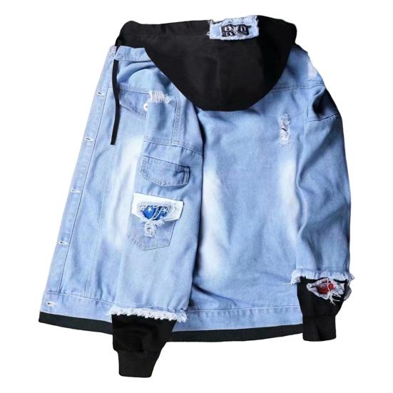 Jean Jacket Fake Two Piece Hooded Contrast Color Streetwear Spring Autumn Loose Single Breasted Outerwear Coat for Outdoor
