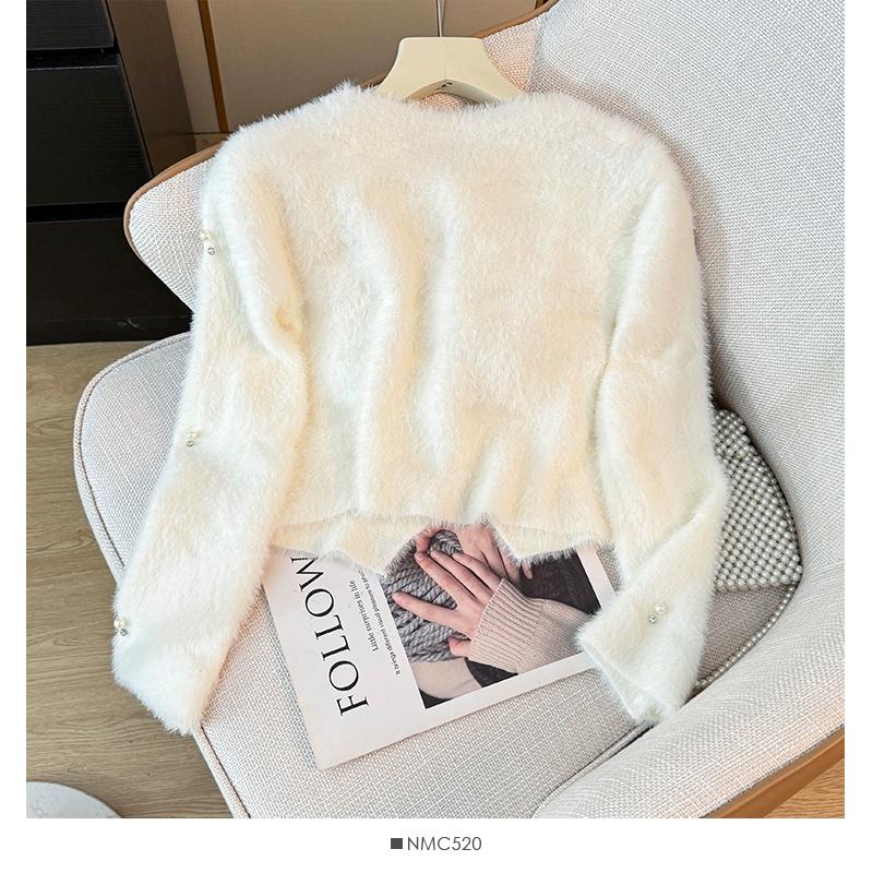 Autumn Winter Women Sweet Beading Soft Furry Mohair Knitted Sweater Christmas Short Cardigan Tops