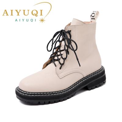 Mode AIYUQI Damenschuhe Stiefel Knöchel 2025 Herbst Britischer Wind Echtes Leder Dick mit Fell Damen Kurze Stiefel Motorrad Knöchel