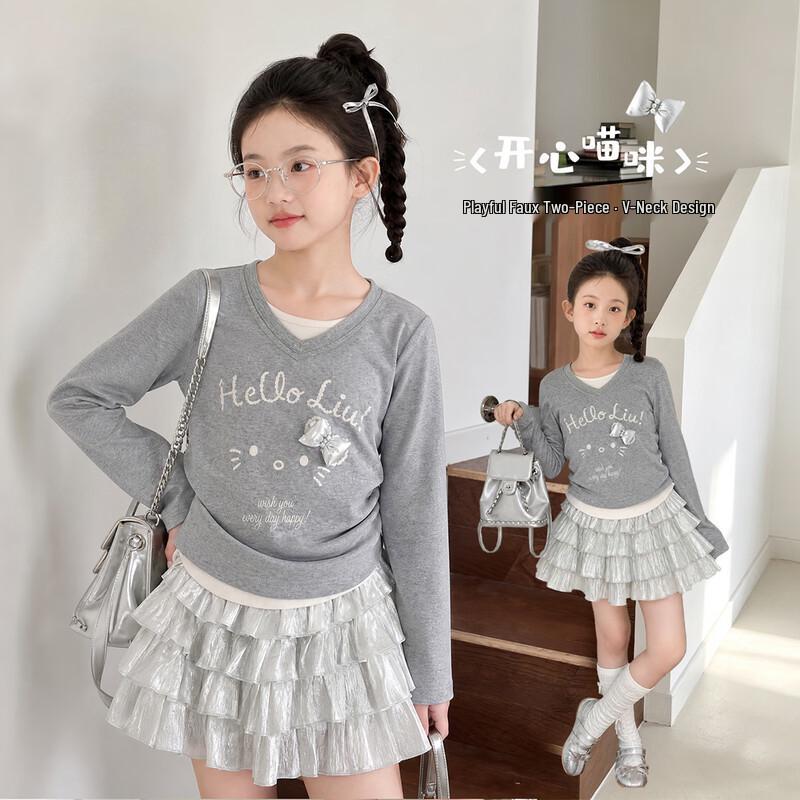Girls' Faux Two-Piece V-Neck Long-Sleeve T-Shirt