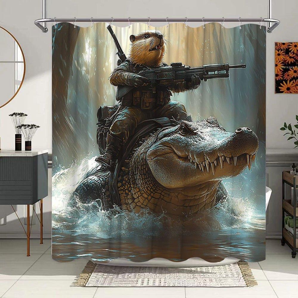 1 Stück Anthropomorphes Otter-Kommando auf Krokodil-Duschvorhang - Nebeliger Dschungel-Fantasy-Abenteuer-Design, 70. 86 x 70. 86 Zoll,
