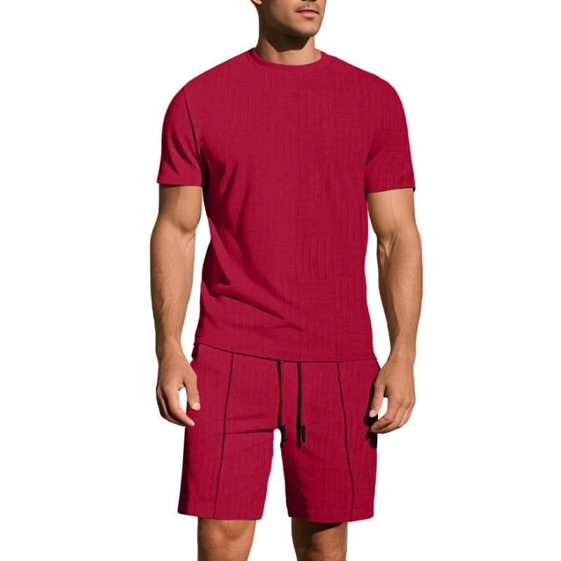 Men's Casual 2 Piece Textured Grid Knit Outfit Crew Neck Short Sleeve T-shirt & Elastic Waist Drawstring Shorts Loungewear Set Navy Blue