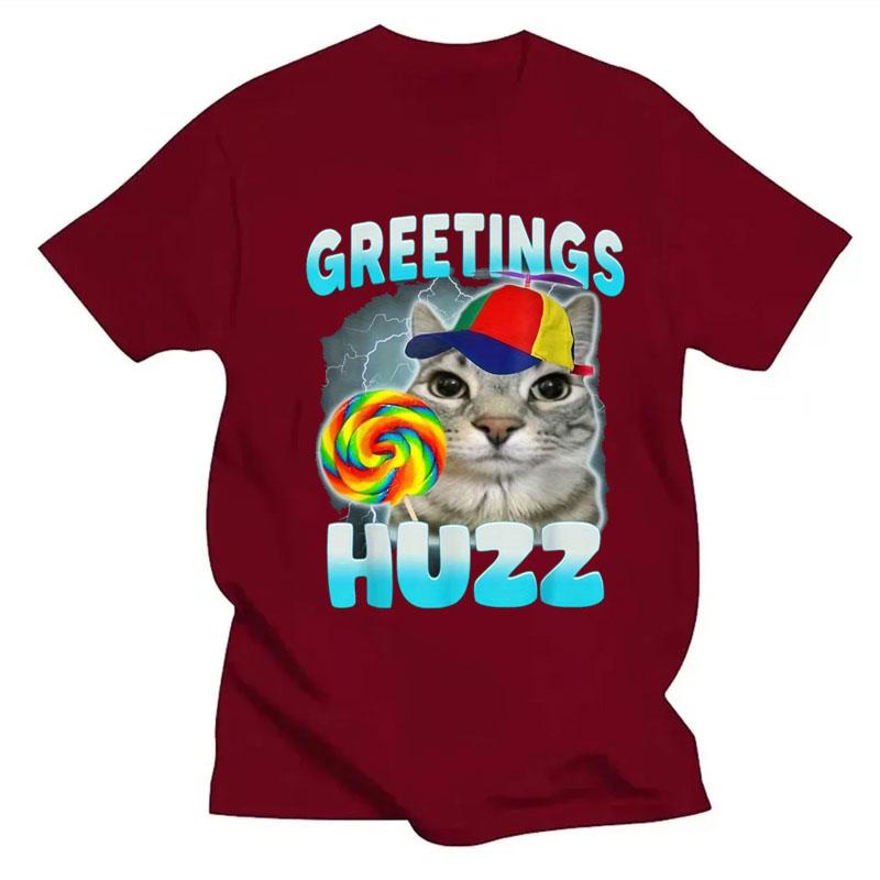 

2026 Greetings Huzz Fun Cat Meme T-Shirt Soft Breathable Crew Neck Tee with Rainbow Lollipop Party Hat Design Women Clothing 4XL
