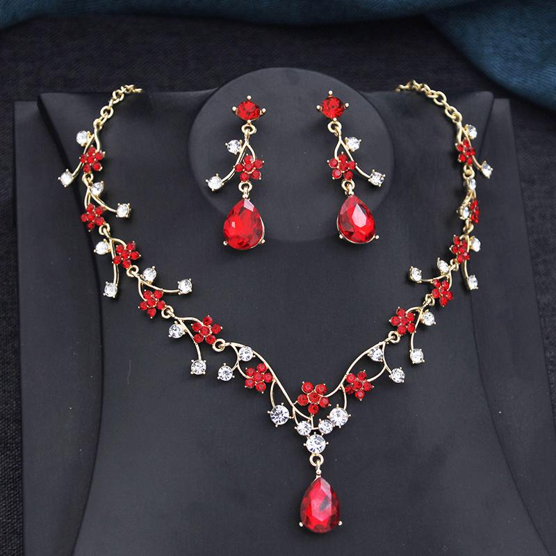 Rhinestone Water drop Flower Bridal Jewelry Sets for Women Earring and Choker Necklace Set Wedding Jewelry Sets 3 Pcs Set Gifts