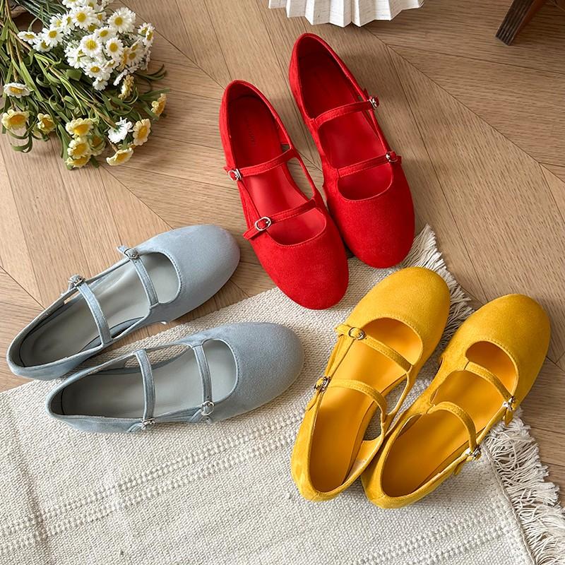 Fashion New Style Mary Jane Shoes Women Flat Spring Shoes Female Genuine Leather Square Head Non-slip Large Size Ballet Shoes Women