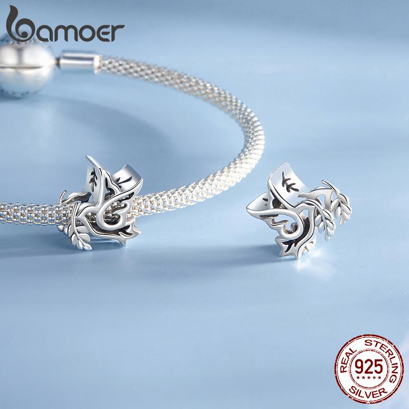 BAMOER 925 Sterling Silver Peace Charm Anti War Charm Peace & Love Silicone Safety Chain Fit Original Bracelet Necklace DIY Gift