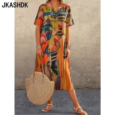 Abiti casual con stampa a blocchi di colore, a maniche corte, con scollo a V e vita larga, da donna, estate e primavera