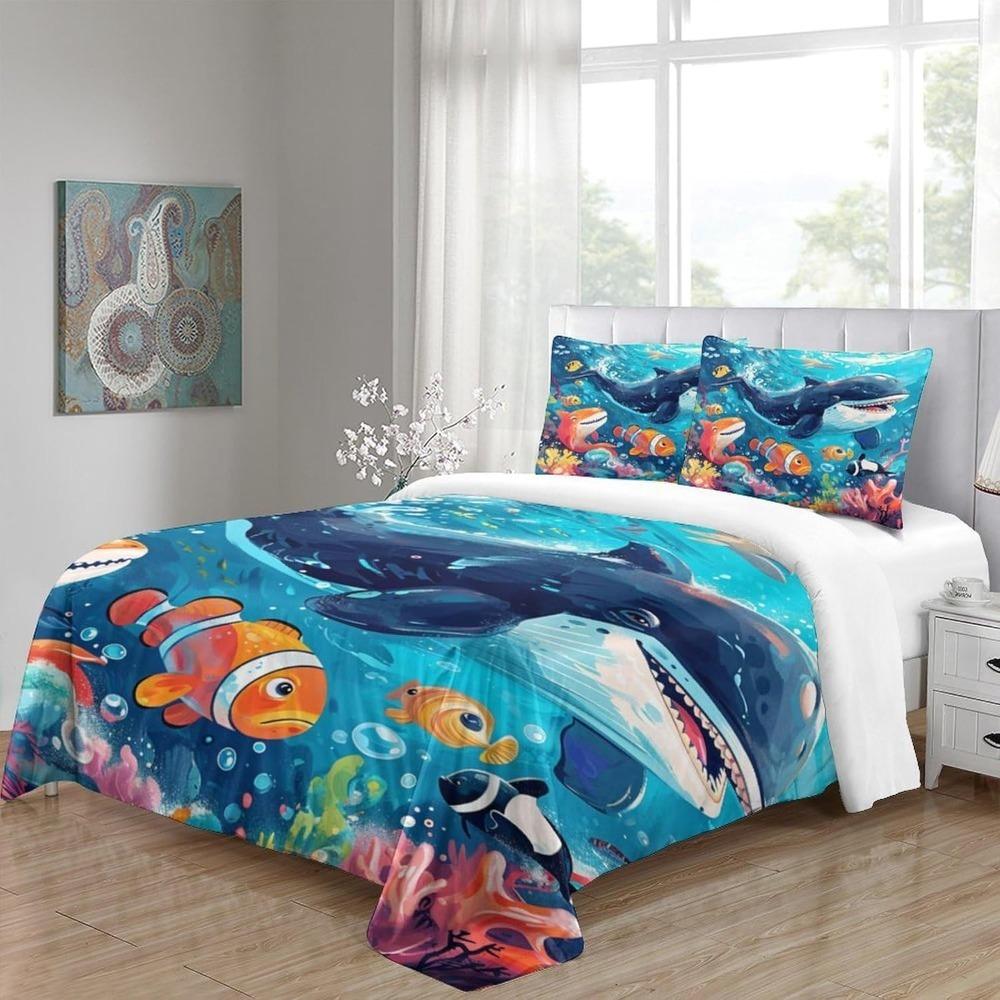 Cartoon Whale Bed Sheet Set, Microfiber Soft Duvet Cover, Zipper and Pillowcase, Children Adult Duvet Cover Gift
