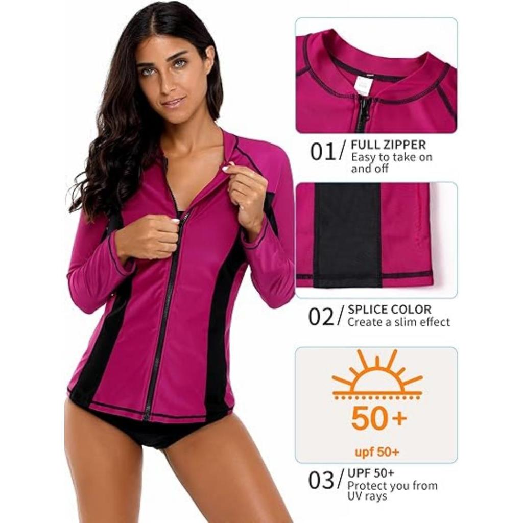 CHARMLEAKS Women Long Sleeve Zipper Rashguard Swimsuit Surfing Top Rash Guard Zipper UPF50+ Swimwear