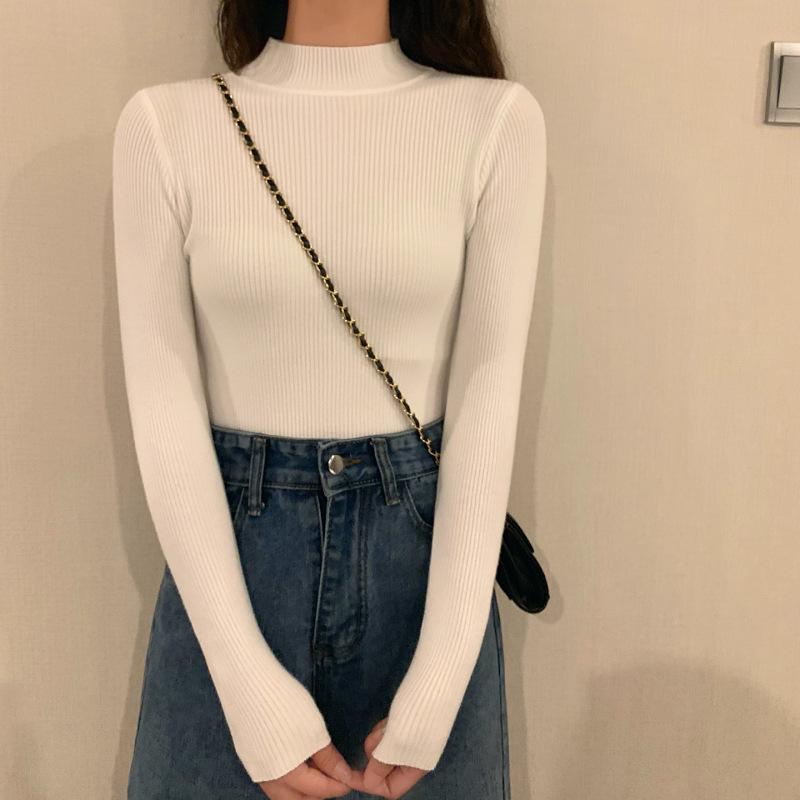 Winter Half Turtleneck Women's Sweater Knitted Pullover Soft Slim Long Sleeve Top Solid Color Basic Jumper Woman Clothing