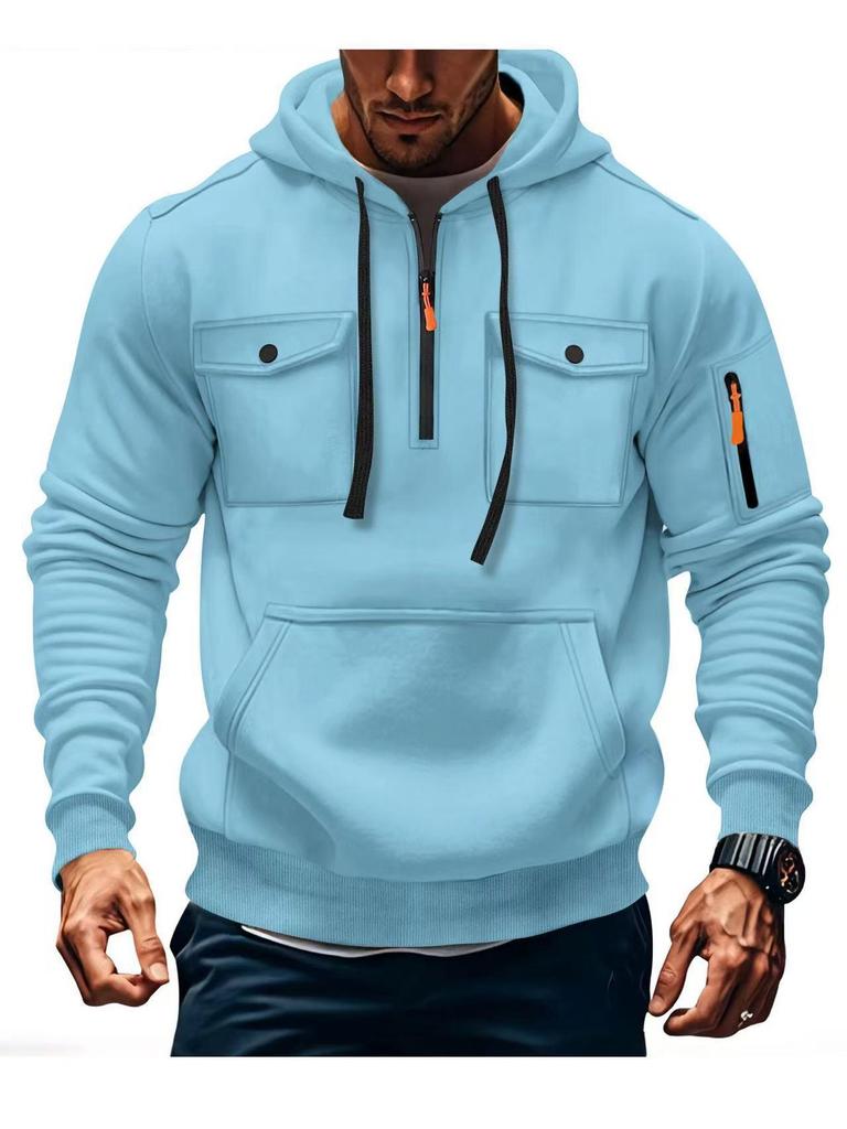 Men's Multi-Pocket Fleece Lined Hoodie Jacket - Casual and Versatile for Autumn/Winter