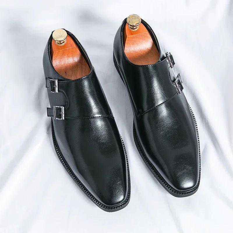 

Classic Retro Men s Monk Leather Shoes Pointed Toe Buckle Business Office Wedding Soft Comfortable Dress Shoes 46 чорний