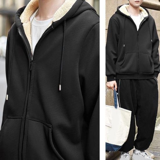 Pánský zimní kabát Silný měkký plyš S kapucí Stahovací šňůrka Dlouhý rukáv Volný zip Zapínání Cardigan Teplá jednobarevná Pánská bunda