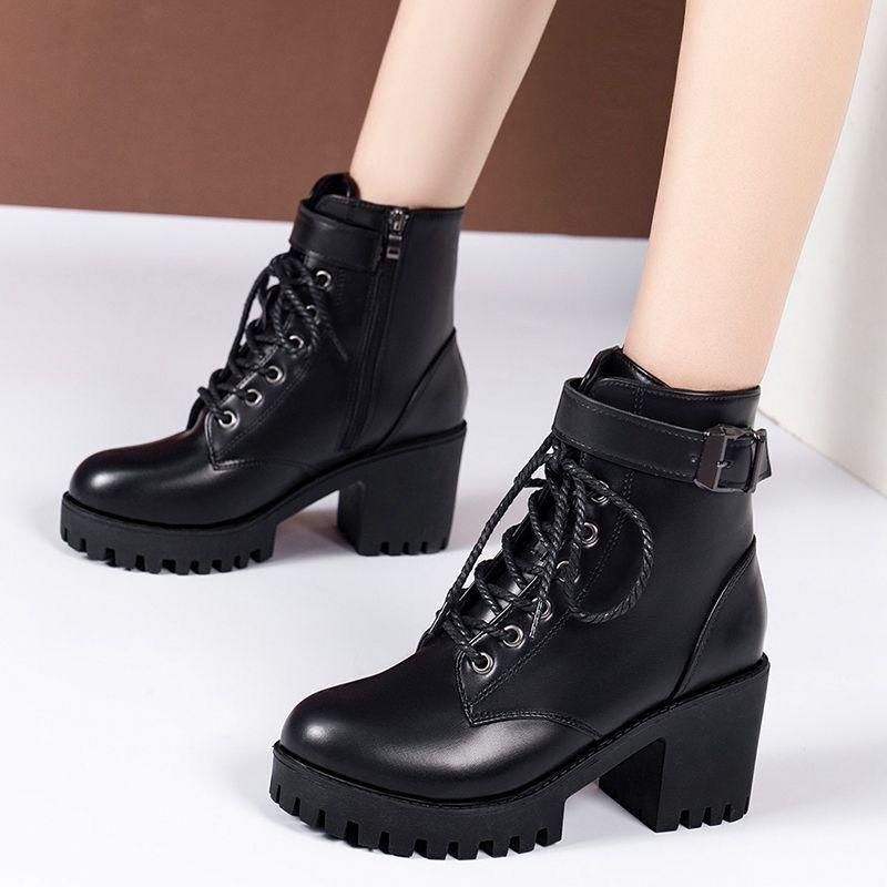 High-heeled Martin boots for women's 2025 autumn and winter new thick-soled British style thick-heeled lace-up side zipper short boots for children