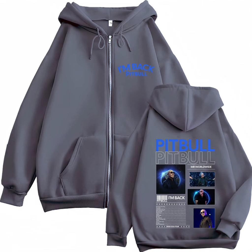 Rapper Pitbull I'm Back Tour Print Zipper Hoodie Men Women Hip-hop Sweatshirt Long-sleeved Casual Gothic Punk Zip Up Jacket