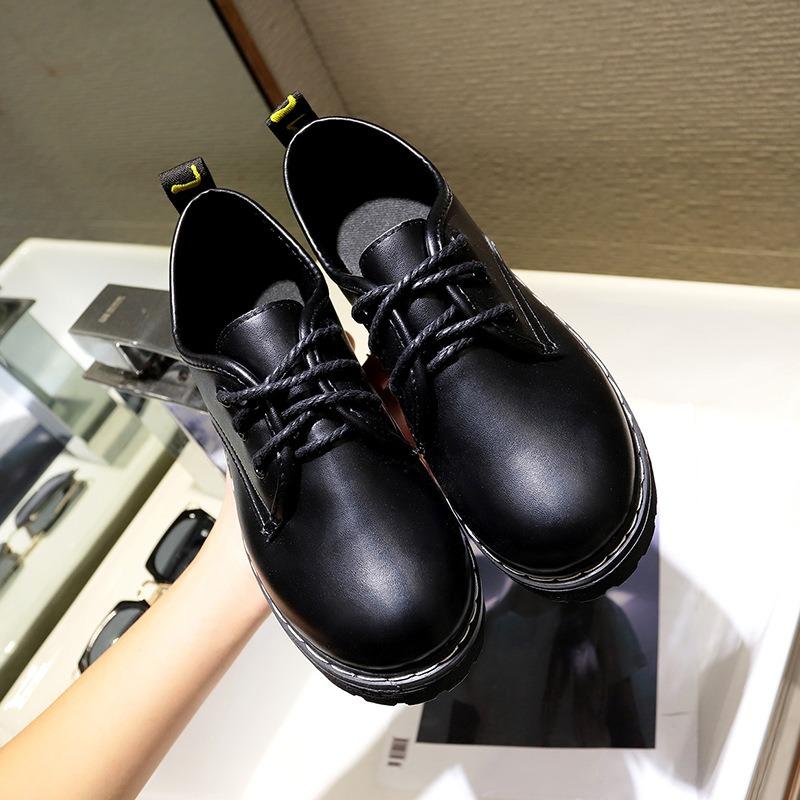 Autumn new small leather shoes women's middle heel thick heel solid color casual shoes black round head lace-up shoes