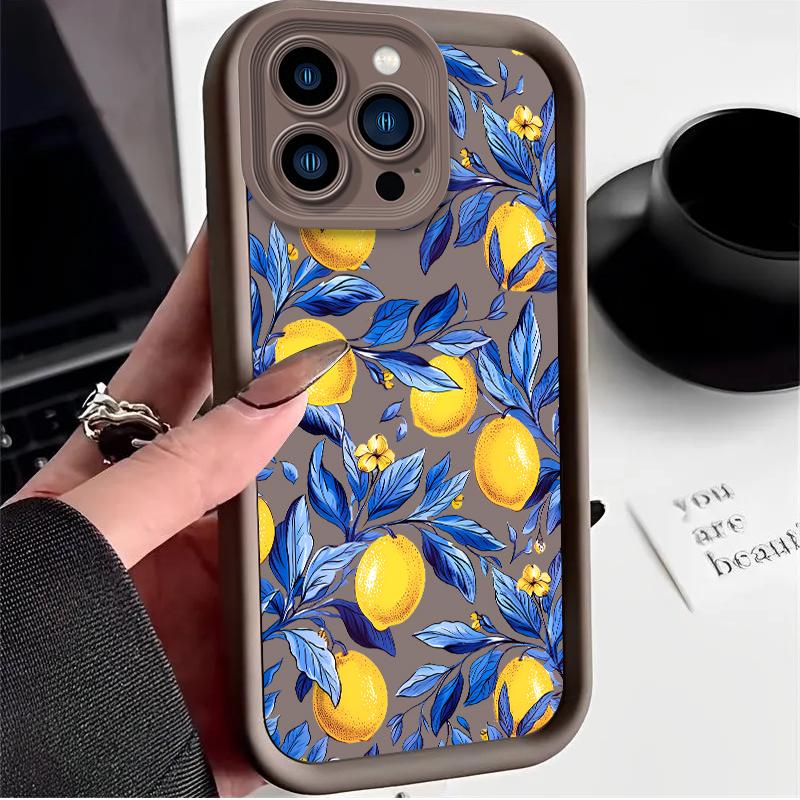 

Watercolor Refreshing Lemon Blue Leaves Case for iPhone 17 Air 16 E 15 14 Plus 13 12 Mini 11 Pro Max Silicone Dustproof Cover iPhone 11