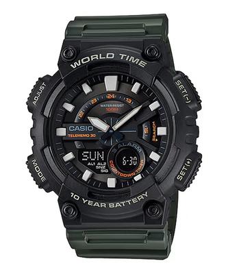 AEQ-110W-3AV Men's World Time Analog-Digi Quartz Watch with Black Inverted LCD and Military Green Display (Imported)