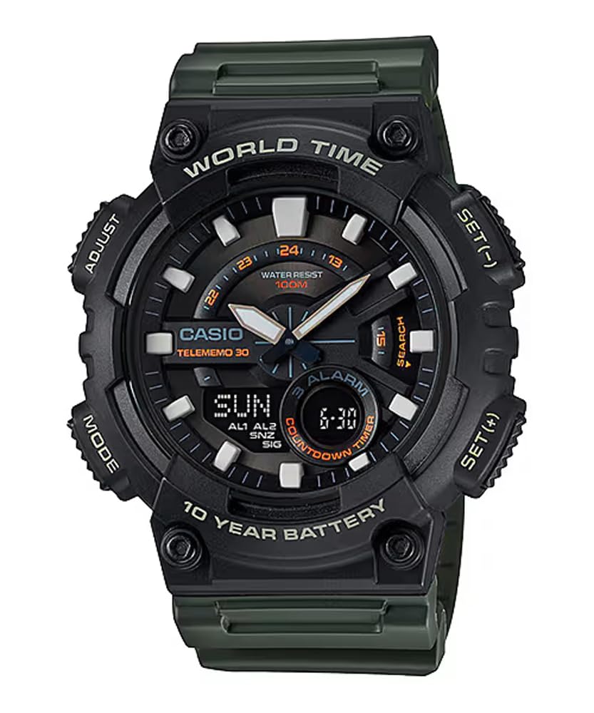 

Часы CASIO World Time Quartz с черным перевернутым ЖК-дисплеем Military Green Overseas Model [Casio] Ana-Digi AEQ-110W-3AV мужские [Товар]