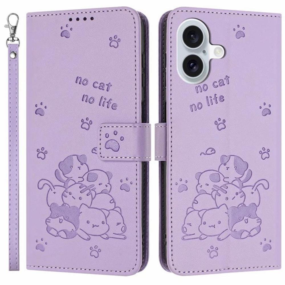 For iPhone 17 Wallet Case Cats Imprint Leather Phone Cover with Strap B