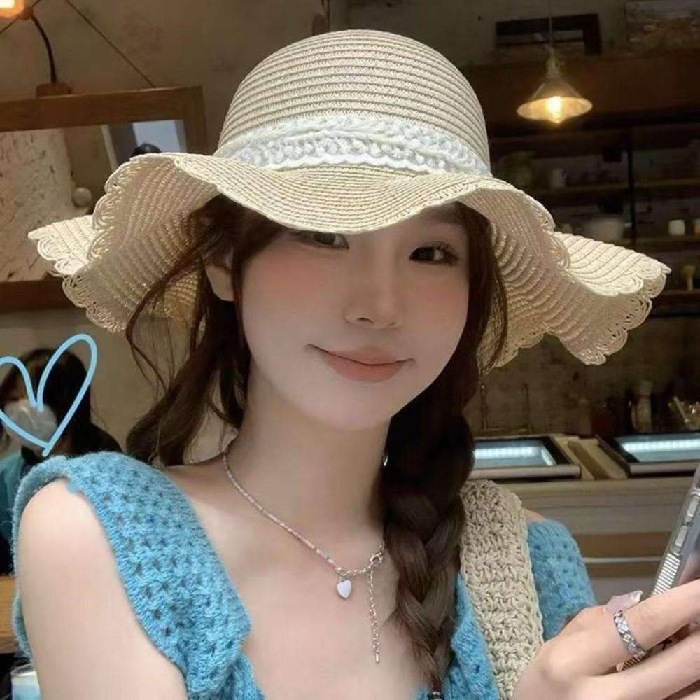 New Lace Ruffle Summer Straw Hat Solid Color Bowknot Sun Protection Hat Wide Brim Woven Straw Fisherman Cap Beach