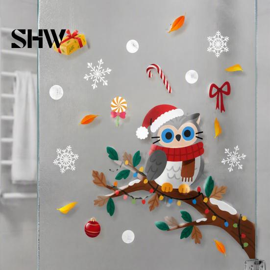 Self Adhesive Seasonal Wall Art Cute Christmas Owl Window Sticker, Snowy Branch Candy Glass Decal, Waterproof Festive Outdoor Xmas Decor for