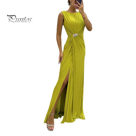 

Женское вечернее платье с плиссировкой и разрезом по низу, длиной до пола, однотонное, со стразами, без рукавов, с круглым вырезом, с высокой талией, со стразами, для выпускного вечера, коктейльной вечеринки M