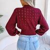 Women's Autumn and Winter Solid Color Hollow Striped Lantern Sleeve Crop Knit Sweater