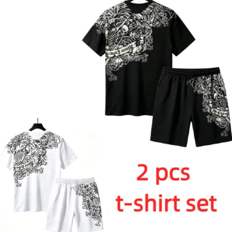 Summer European and American Street Kids Short Sleeved T-shirt Shorts Set 3D Letter Skull Print Boy's and Girl's Loose Casual Sports Suit