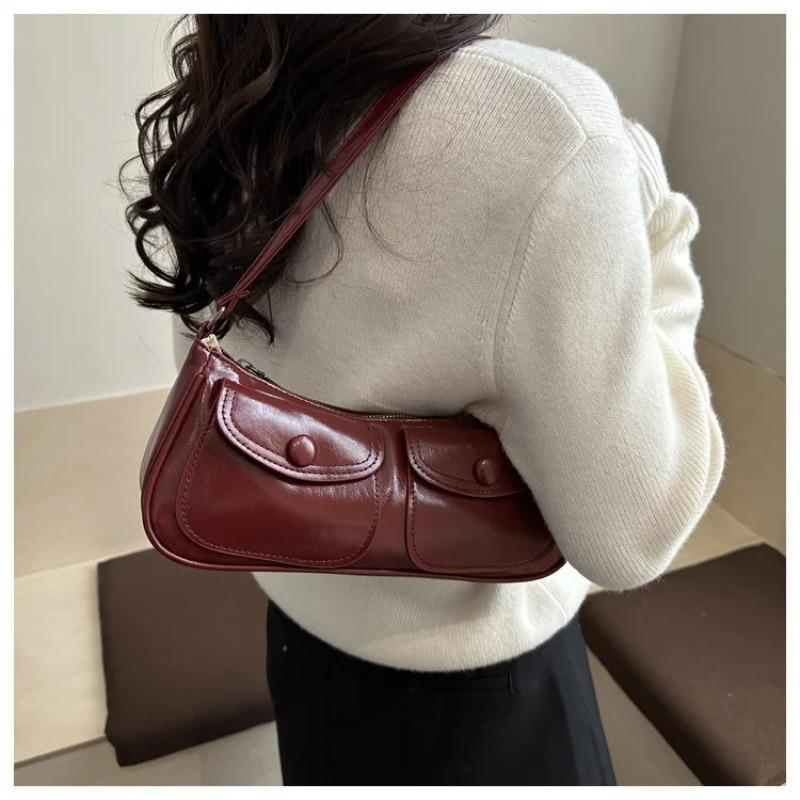 Vintage Double Pocket Design Shoulder Bags for Women Solid Color Ladies Pu Leather Underarm Bag Simple Portable Female Handbags