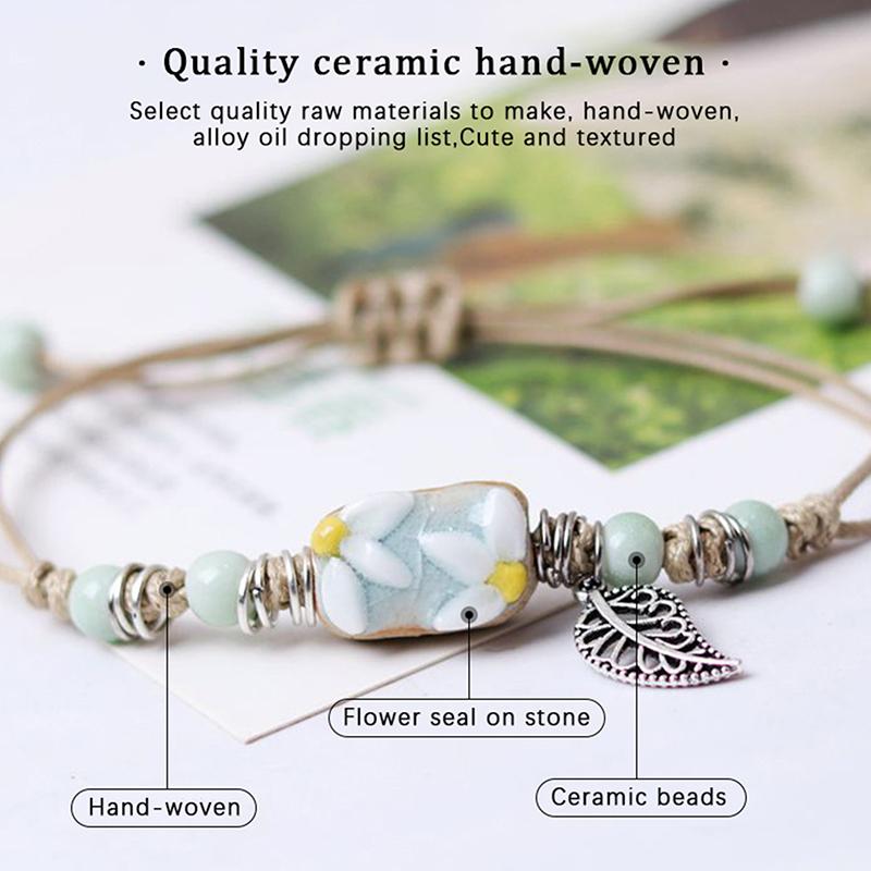 Handmade Sunflower Leaf Ceramic Bracelet Boho Adjustable Jewelry For Women Vintage Ethnic Gift