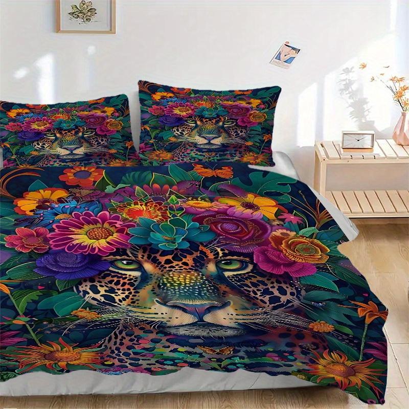

3pcs Floral Leopard Print Bedding Set, Suitable for Bedroom Decoration, (Includes 1 Duvet Cover And 2 Pillowcases, Quilt Not Included) yy250822196 135x200cm