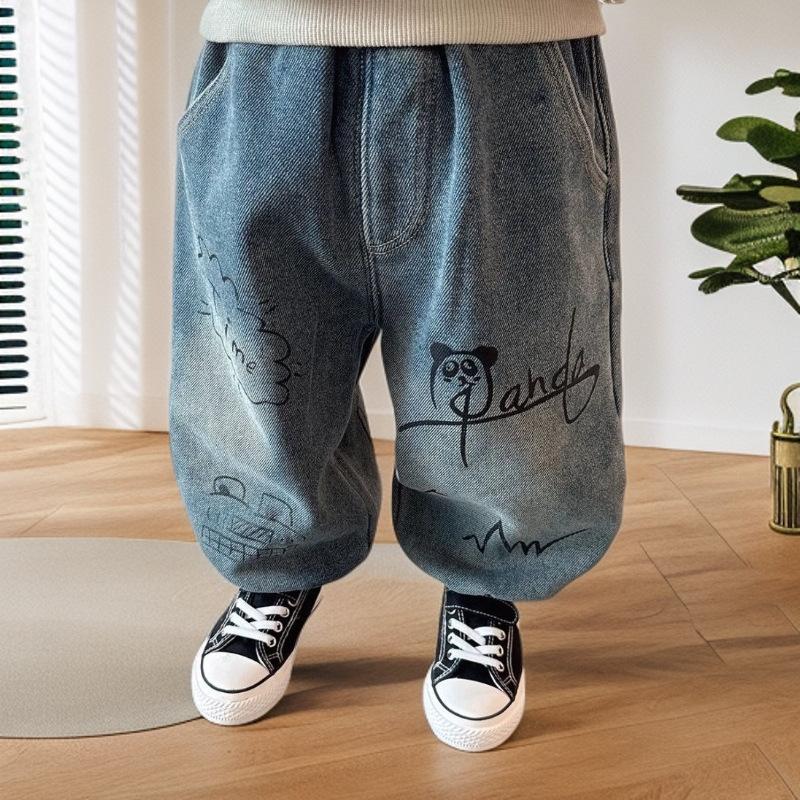 Boys Loose Fleece Lined Jeans Autumn Winter Kids Graffiti Denim Pants Warm Soft Trousers 80