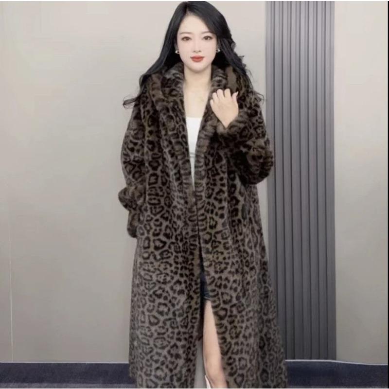 Autumn and winter new hooded environmentally friendly fluffy imitation mink fur leopard print plus long knee loose fashion coat