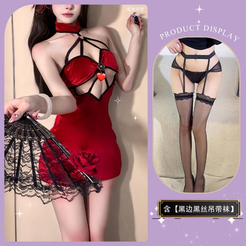 Sex underwear, sexy retro hollowed-out cheongsam, pure desire, passion, buttocks, neck, hot, improved pajamas, pajamas