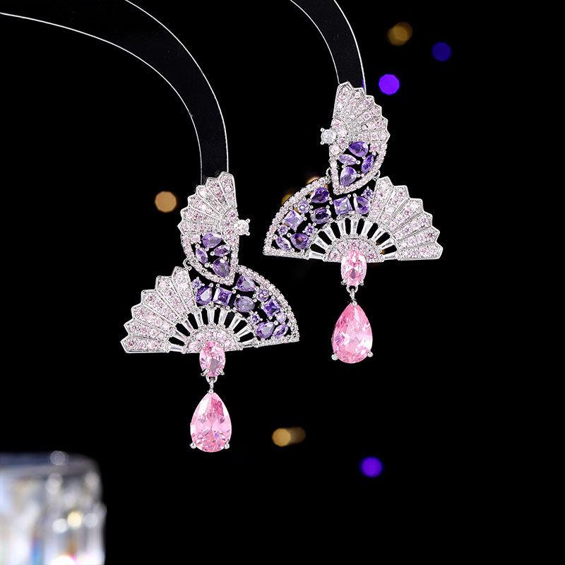 New retro court fan-shaped water drop earrings women's Chinese folding fan light luxury niche design personalized earrings