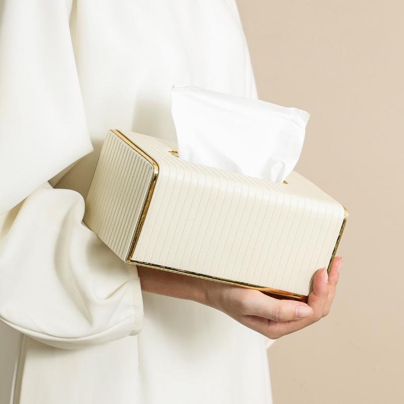 Tissueboxhoes, Witte Rechthoekige Leren Tissueboxhouder met Gouden Randdecoratie, Decoratieve Tissuehoes voor Badkamer