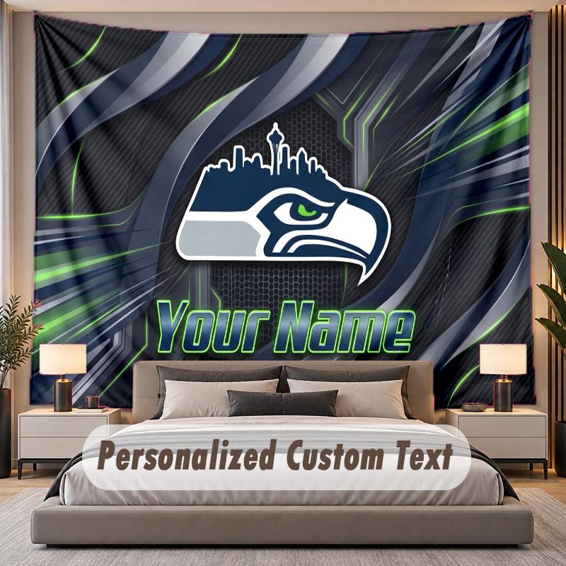 Benutzerdefinierte Namens-Text-Wandteppich Seattle Seahawks Personalisierter Polyester-Wandteppich für Schlafzimmer und Zimmer