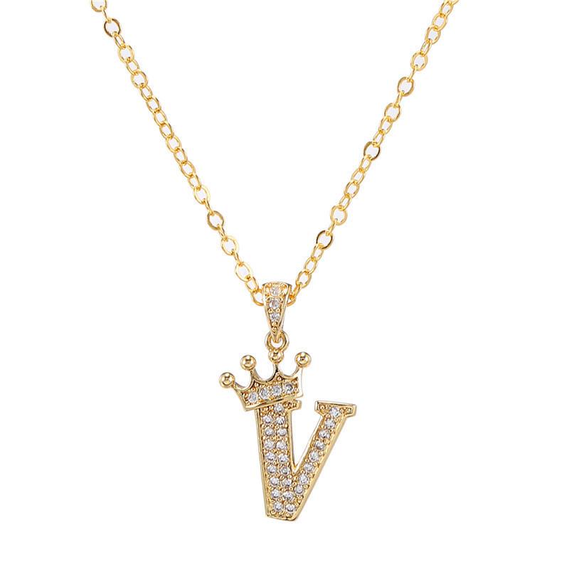 Fashion Cubic Zirconia Crown Letter Pendant Necklace Gold Hip Hop Punk Alphabet Jewelry