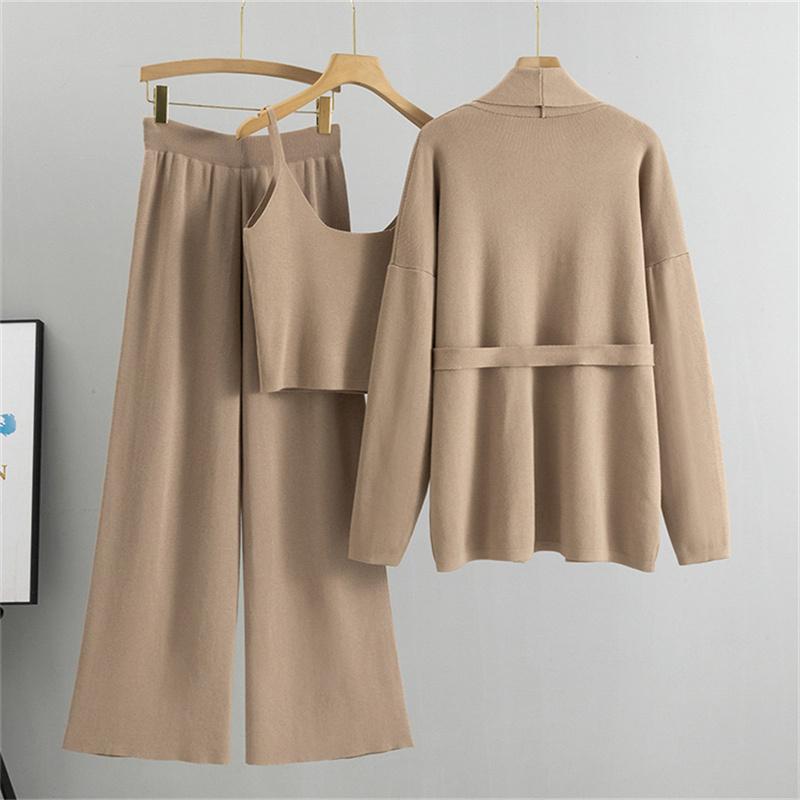 Costum de Toamnă pentru Femei, Larg, Casual, de Modă, Jachetă Cardigan Tricotată, Maiou, Pantaloni cu Picior Larg, Set din Trei Piese