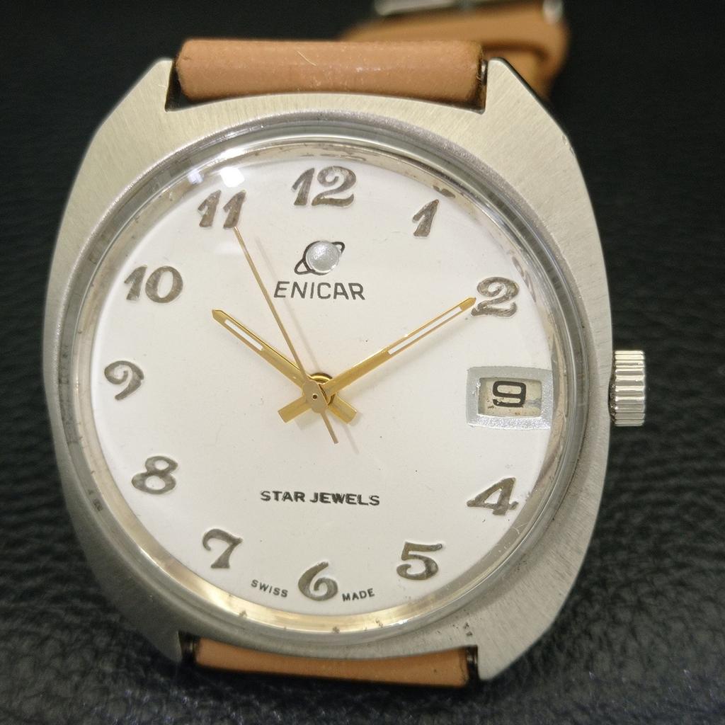 VINTAGE ENICAR STAR JEWELS AUTOMATISK 167 SCHWEIZISK HERRKLOCKA VIT TAVLA a700139-5