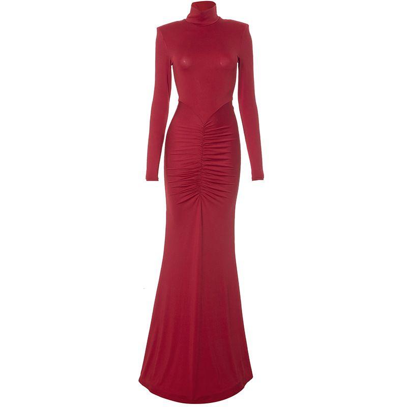 

Fashion Fashion Sexy Red Turtleneck Long Sleeves Dress Elegant Slim Fit Ruched Patchwork Design Mop Dress Red L