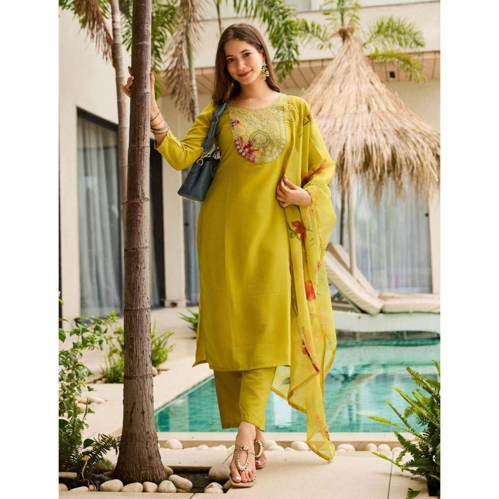 Women's Rayon Embroidered Straight Kurta with Pant And Dupatta Sets
